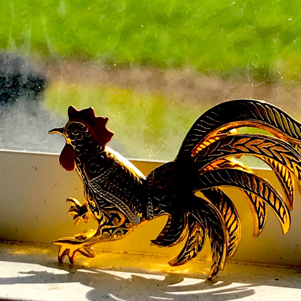 Vintage signed Spain Damascene Rooster Brooch Pin